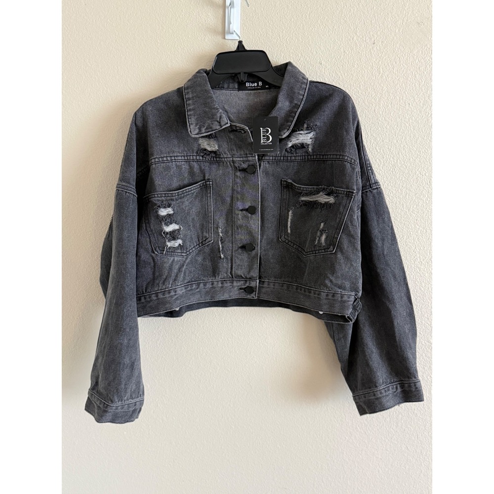 Blue B Collection Charcoal Distressed Rhinestone Fringe Cropped Denim Jacket M/L